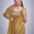 Mustard Yellow Tissue Silk Saree Zari Embroidery Designer Blouse