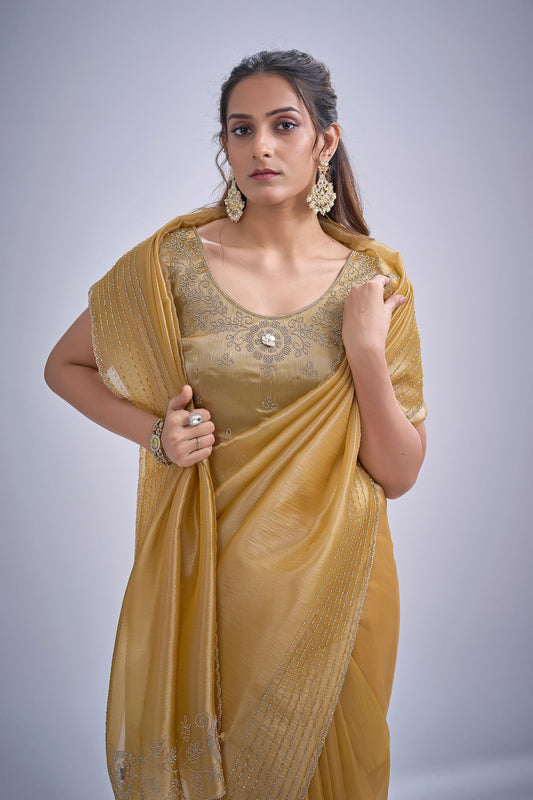 Mustard Yellow Tissue Silk Saree Zari Embroidery Designer Blouse