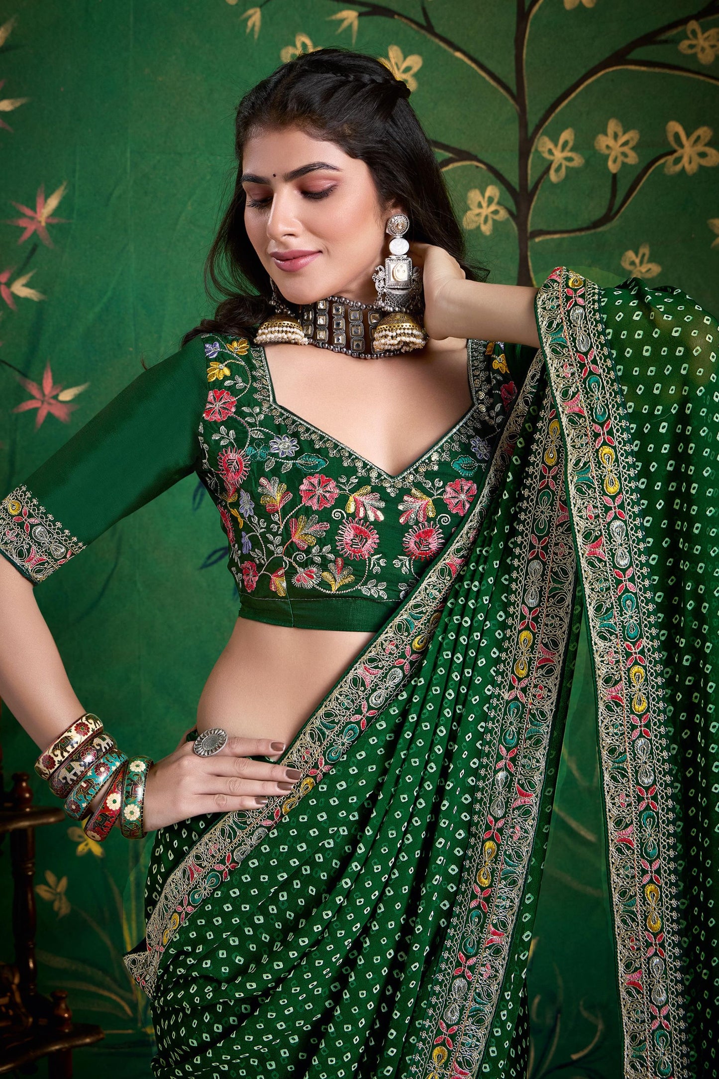 Green Bandhani Saree with Designer Blouse Festive Wear