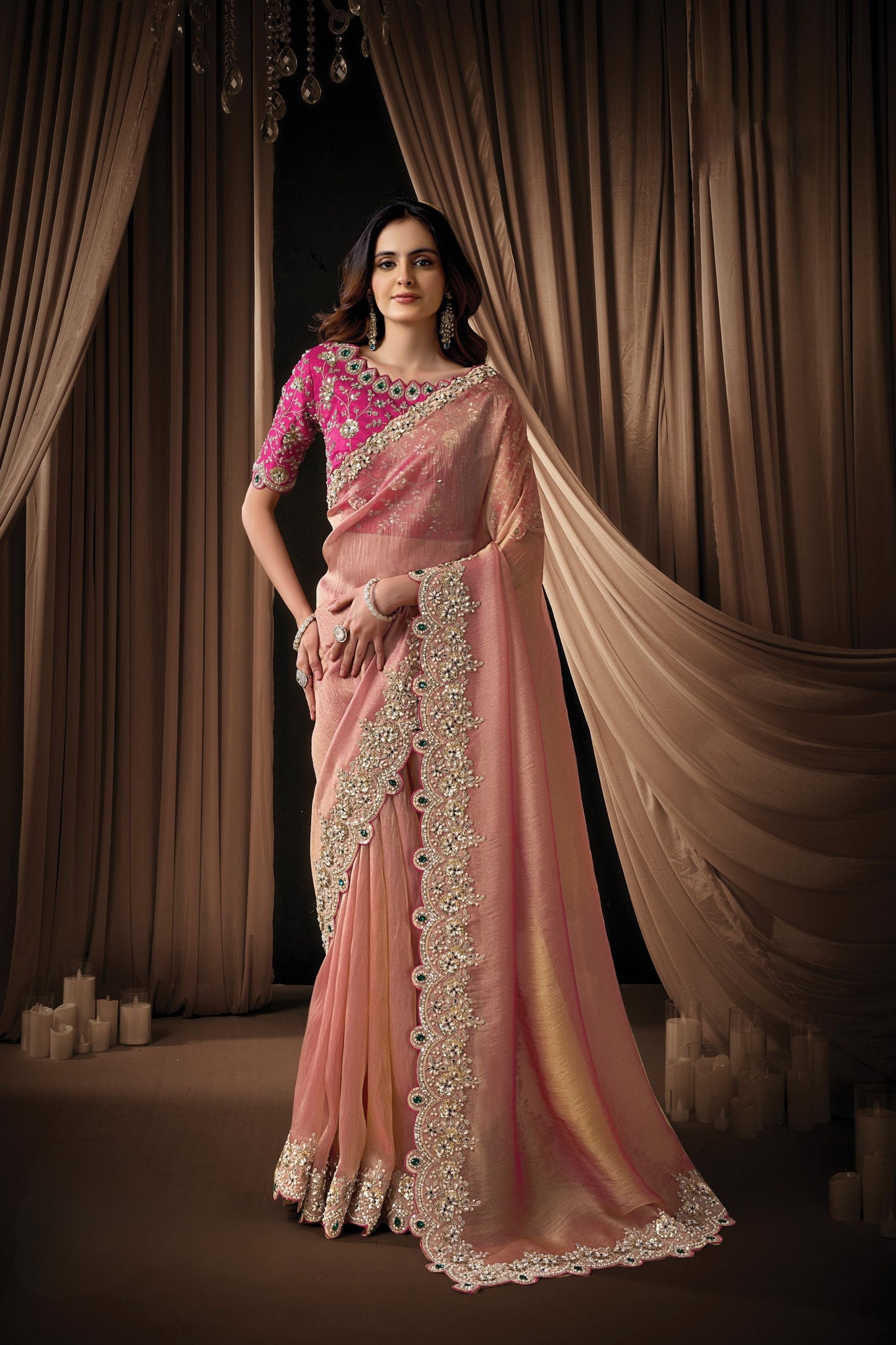 Peach Embroidered Designer Saree with Heavy Zari Border Pink Blouse