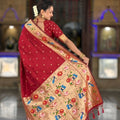 Maroon Red Floral Woven Linen Silk Saree Designer Peacock Border