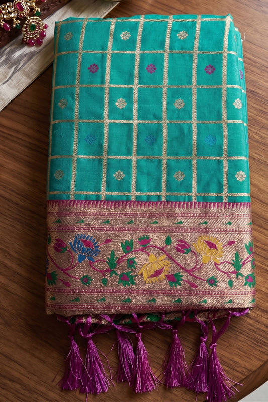 Teal Green Paithani Silk Saree Zari Floral Woven Border Traditional Peacock Pallu