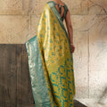 Mustard Yellow Banarasi Silk Saree Teal Blue Zari Border Floral Weaving