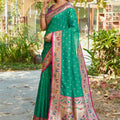  Bottle Green Silk Saree Pink Border Multicolor Peacock Zari Weaving Work