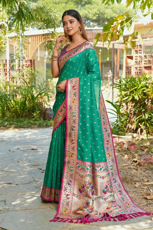  Bottle Green Silk Saree Pink Border Multicolor Peacock Zari Weaving Work