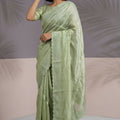 Pastel Green Silk Saree with Embroidered Border Designer Blouse 