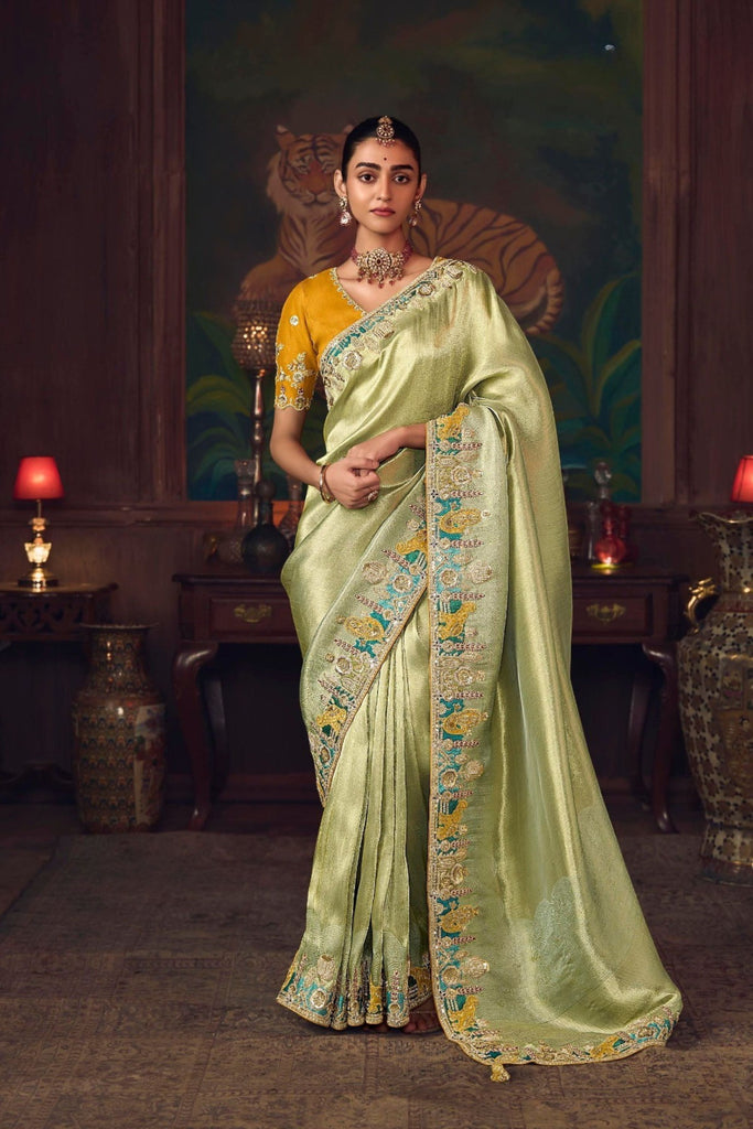 Light Green Silk Saree with Zari Embroidery and Mustard Blouse
