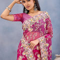 Designer Hot Pink Floral Embroidered Net Saree with Heavy Border