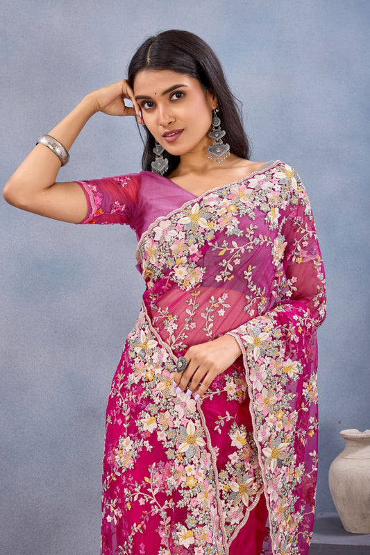 Designer Hot Pink Floral Embroidered Net Saree with Heavy Border