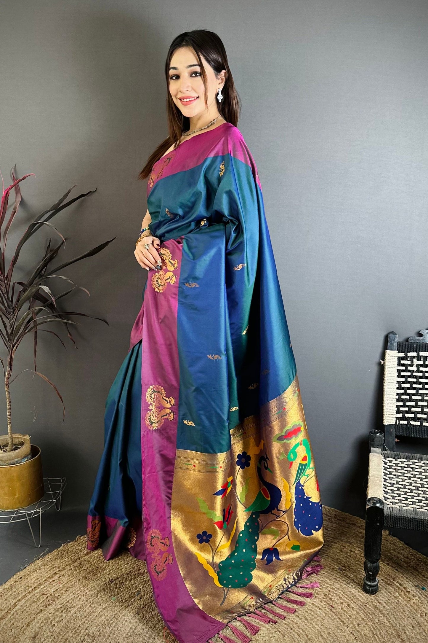 Navy Blue Soft Silk Saree with Magenta Border Designer Pallu
