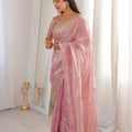 Pink Organza Silk Saree Golden Thread Embroidery Designer Blouse