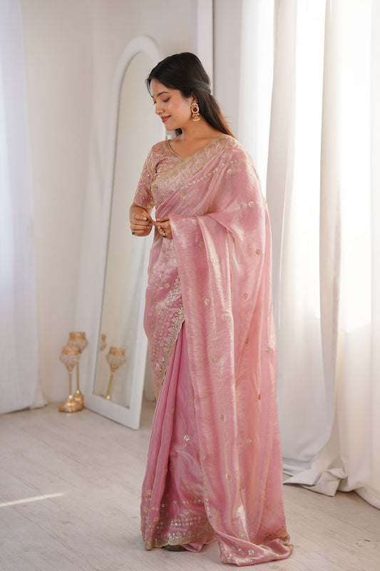 Pink Organza Silk Saree Golden Thread Embroidery Designer Blouse