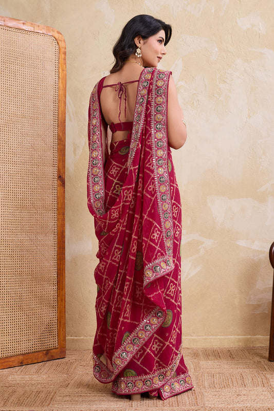 Wine Maroon Printed Saree with Traditional Motif Design Decorative Border