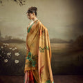 Mustard Gold Linen Silk Saree Teal Floral Digital Print Designer Tassel Pallu