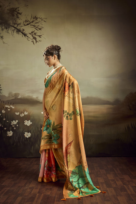 Mustard Gold Linen Silk Saree Teal Floral Digital Print Designer Tassel Pallu