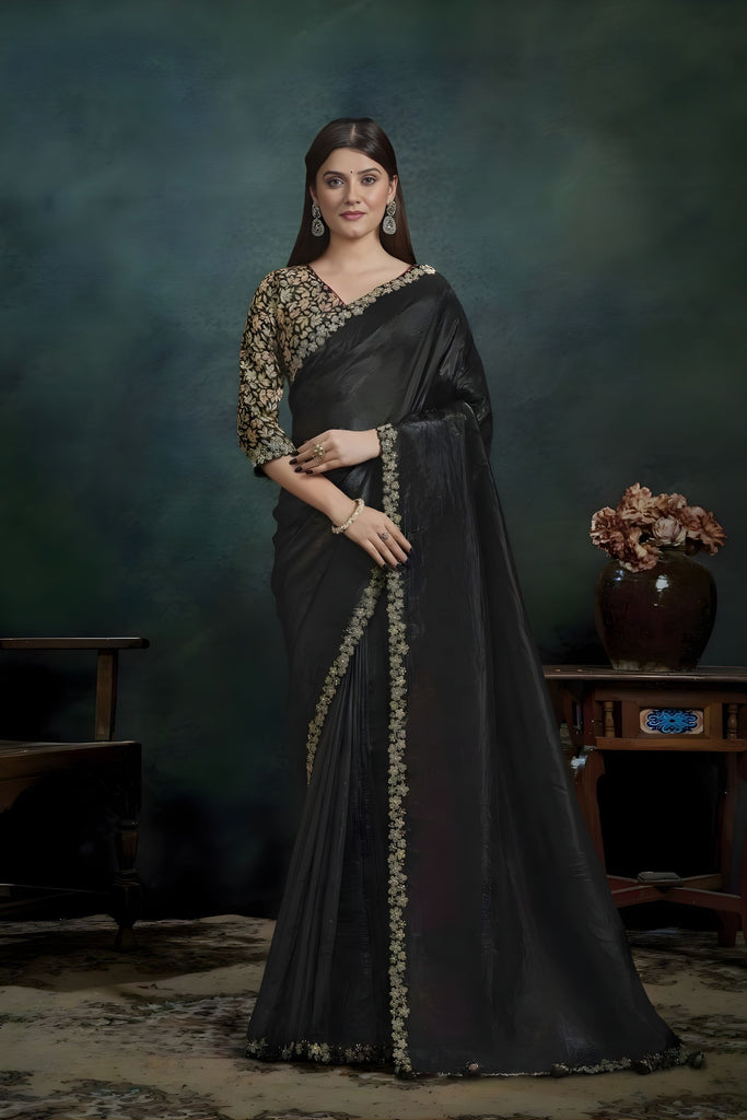 Black Designer Georgette Saree with Gold Floral Embroidered Blouse 