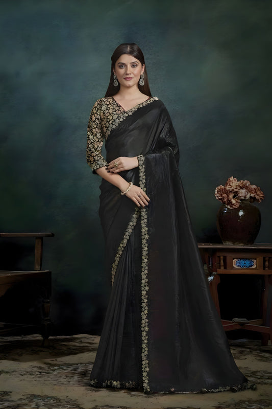 Black Designer Georgette Saree with Gold Floral Embroidered Blouse 
