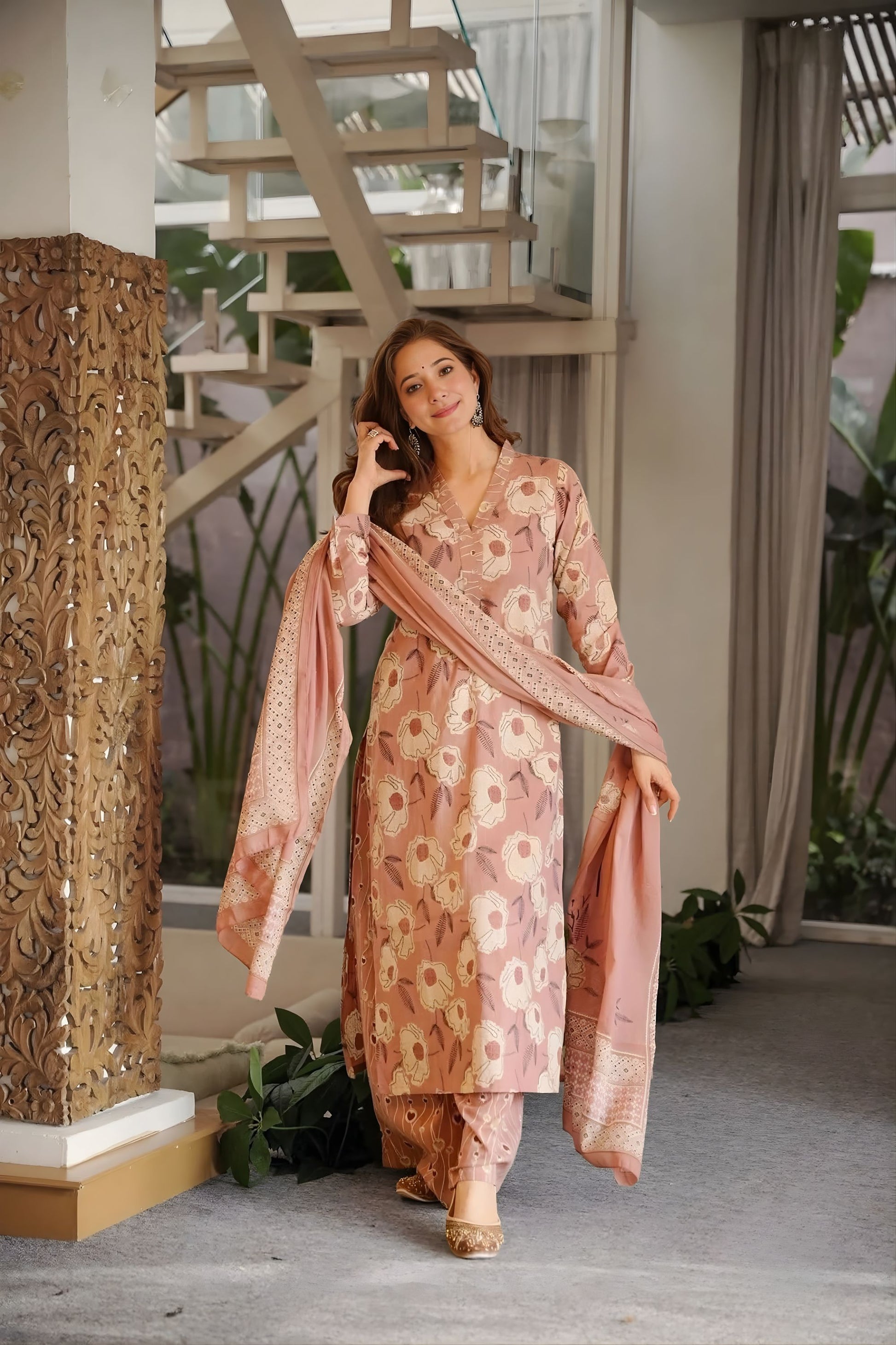 Elegant Dusty Pink Straight Cambric Cotton Printed Salwar Suit Matching Dupatta