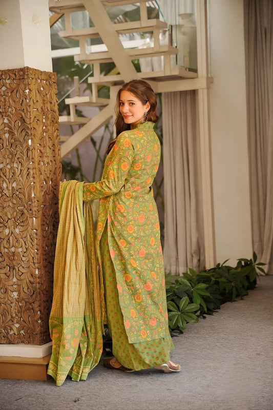 Beautiful Olive Green Straight Cambric Cotton Printed Salwar Suit Designer Dupatta