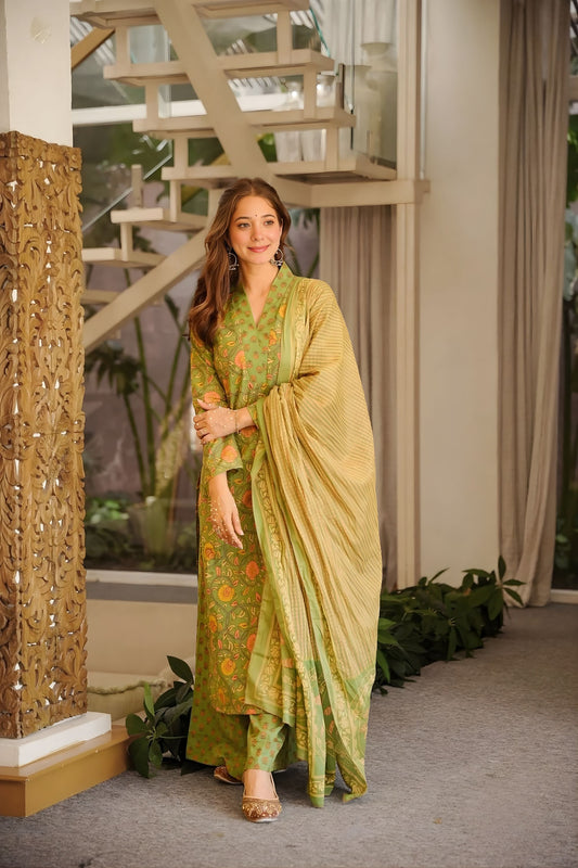 Beautiful Olive Green Straight Cambric Cotton Printed Salwar Suit Designer Dupatta