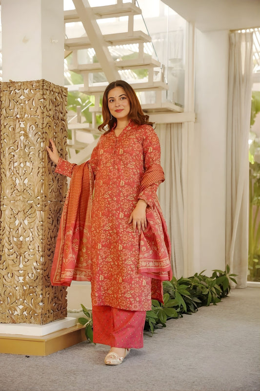 Vibrant Coral Pink Straight Cambric Cotton Digital  Printed Salwar Suit Designer Dupatta