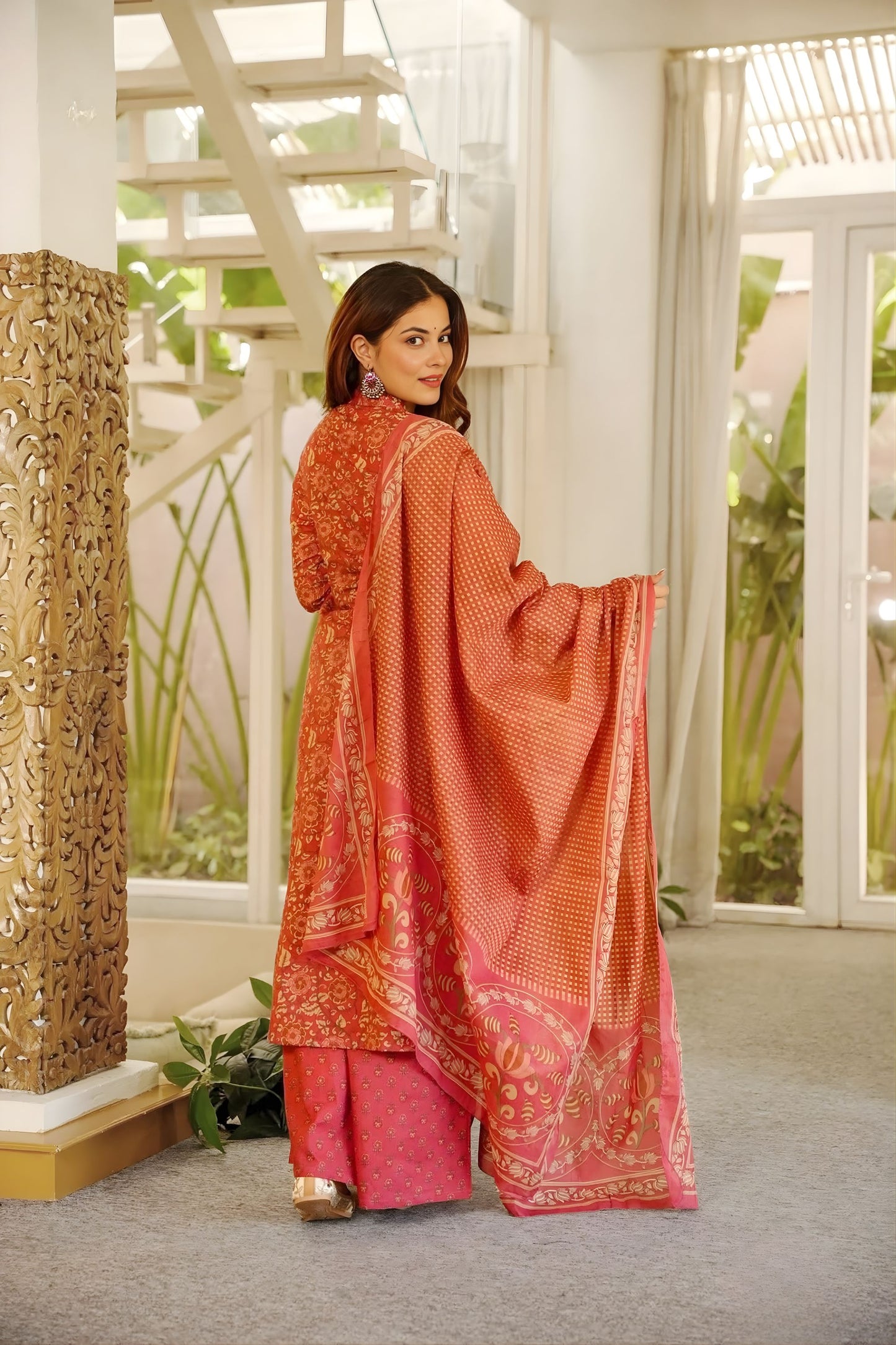 Vibrant Coral Pink Straight Cambric Cotton Digital  Printed Salwar Suit Designer Dupatta