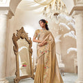 Golden Beige Silk Saree with Elegant Floral Embroidery Zari Border