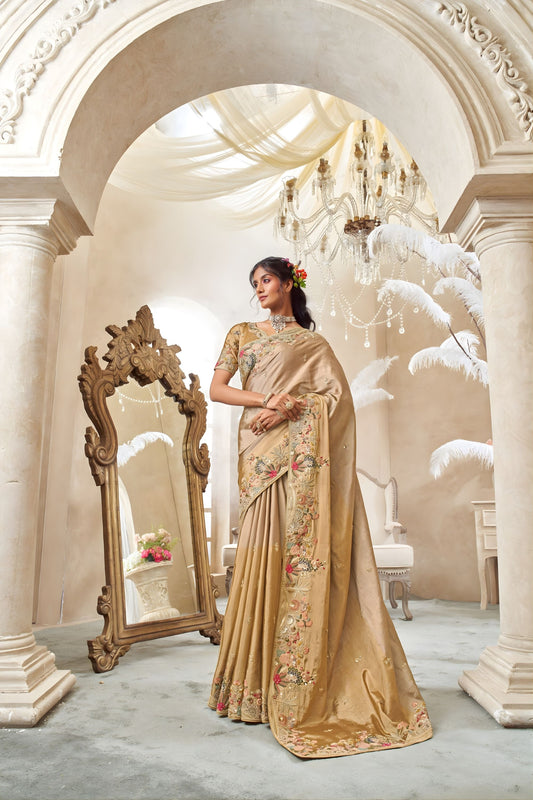 Golden Beige Silk Saree with Elegant Floral Embroidery Zari Border