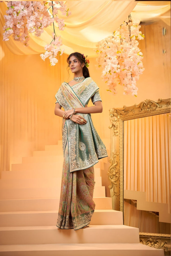 Pastel Green Designer Saree with Heavy Zari Embroidery Wedding Saree