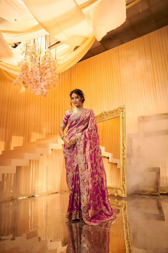 Magenta Pink Embroidered Silk Saree with Heavy Zari Work Wedding Wear