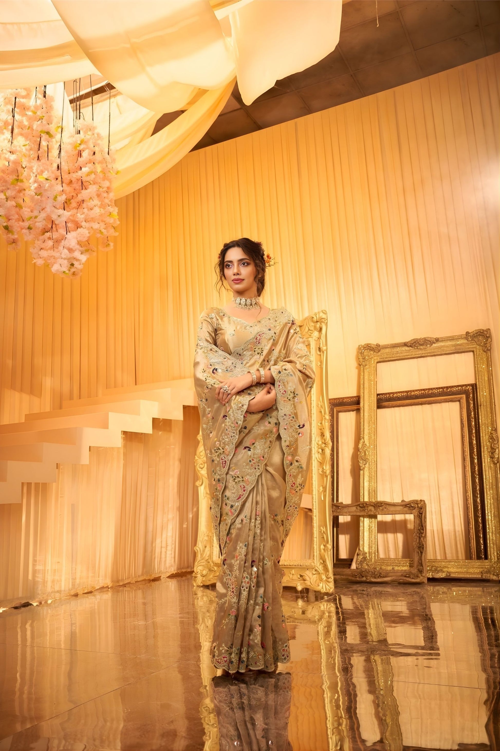 Champagne Gold Saree Multicolor Embroidery Wedding Wear Saree
