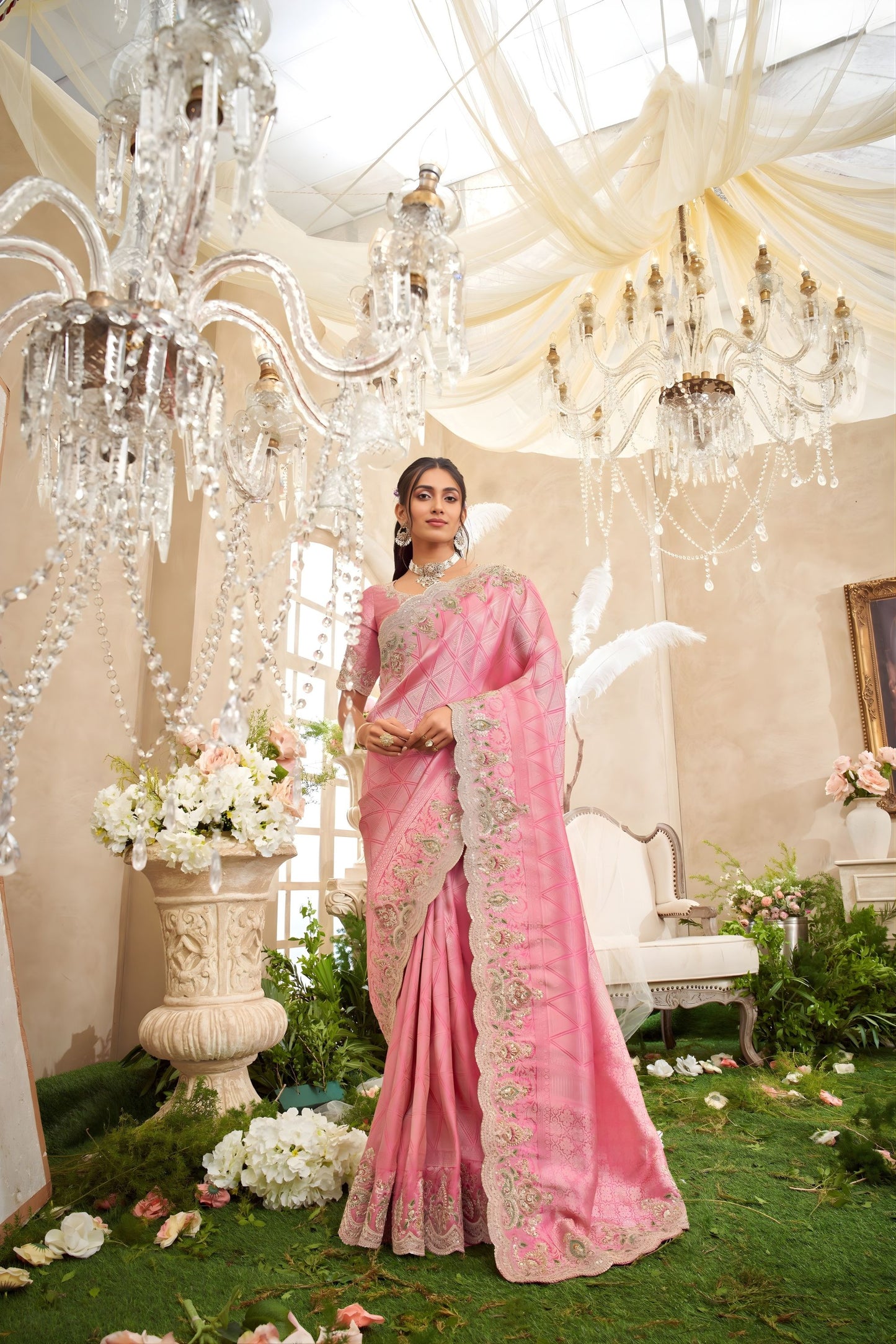 Blush Pink Silk Saree with Intricate Zari Floral Embroidered Border 