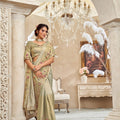 Olive Green Silk Saree with Intricate Floral Embroidery Zari Detailing