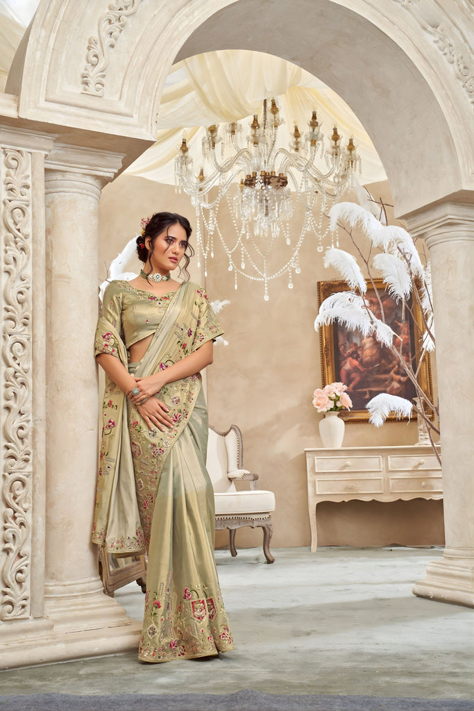 Olive Green Silk Saree with Intricate Floral Embroidery Zari Detailing