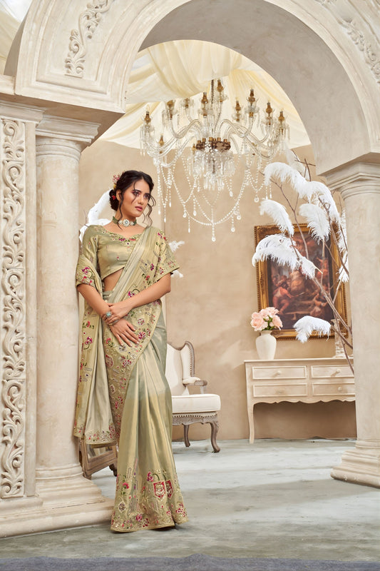 Olive Green Silk Saree with Intricate Floral Embroidery Zari Detailing