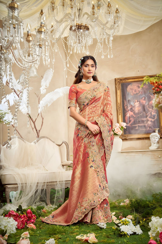 Rose Pink Heavy Silk Saree with Intricate Zari Work Wedding Saree 