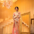 Peach Pink Floral Embroidered Silk Saree with Zari Work Wedding Wear