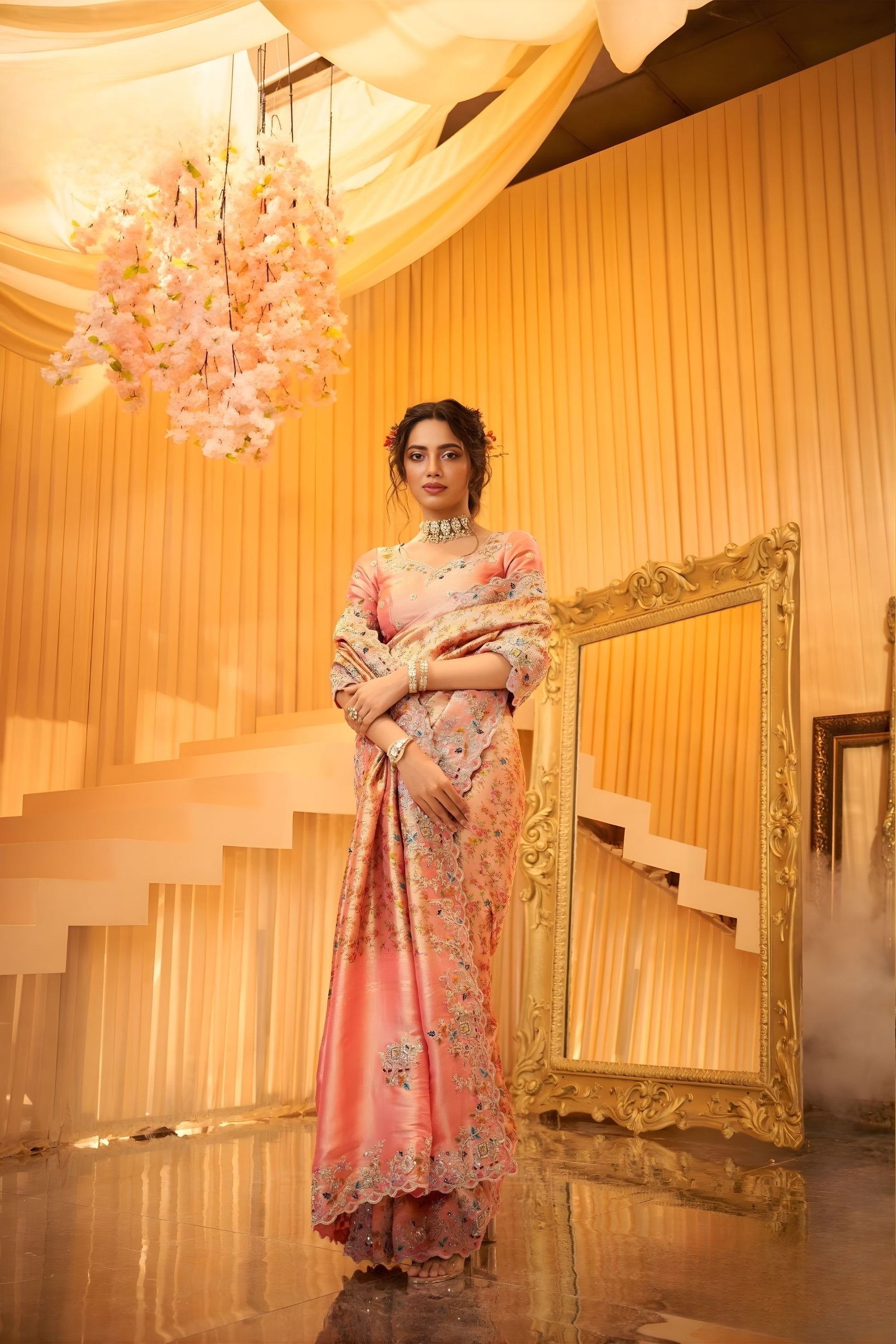 Peach Pink Floral Embroidered Silk Saree with Zari Work Wedding Wear