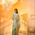 Designer Mint Green Embroidered Silk Saree with Heavy Floral Work 