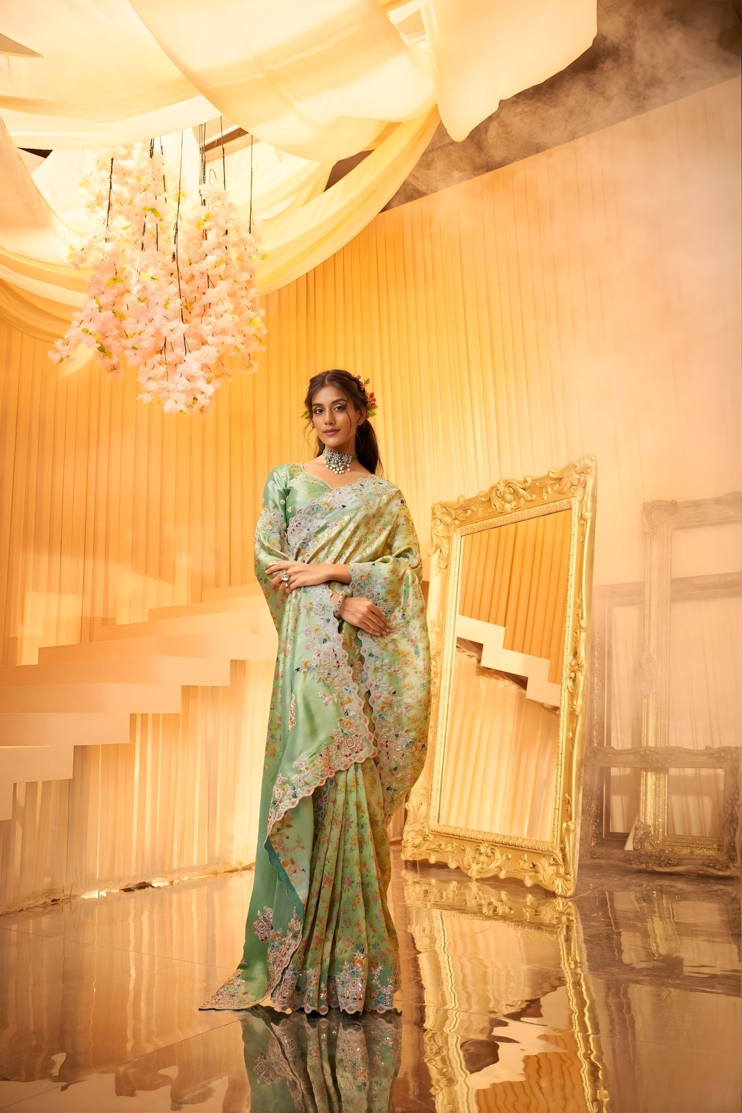 Designer Mint Green Embroidered Silk Saree with Heavy Floral Work 