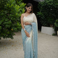 Ivory Sky Blue Ombre Georgette Saree Sequin Designer Scalloped Border