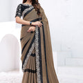 Brown Black Georgette Saree Silver Floral Embroidered Border Designer Blouse
