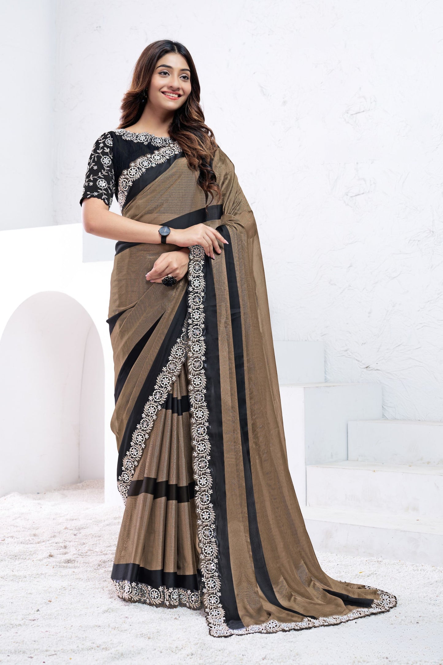 Brown Black Georgette Saree Silver Floral Embroidered Border Designer Blouse