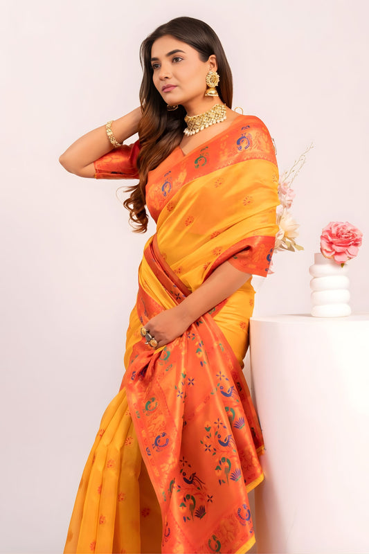 Yellow Paithani Silk Saree with Orange Zari Border and Traditional
