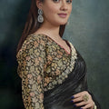 Black Designer Georgette Saree with Gold Floral Embroidered Blouse