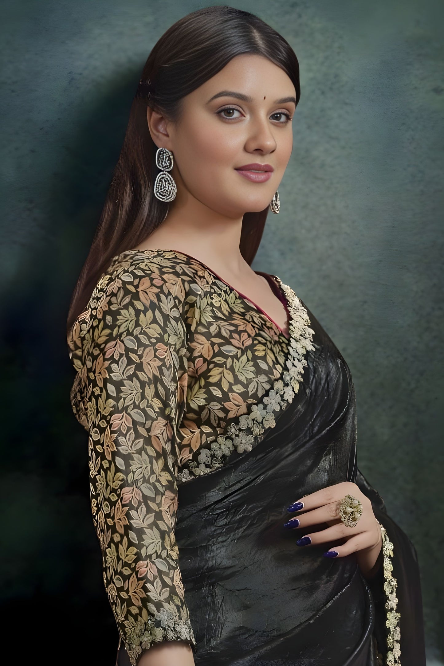 Black Designer Georgette Saree with Gold Floral Embroidered Blouse