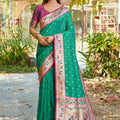 Bottle Green Silk Saree Pink Border Multicolor Peacock Zari Weaving Work