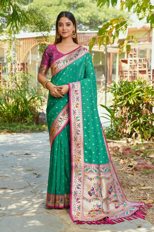 Bottle Green Silk Saree Pink Border Multicolor Peacock Zari Weaving Work