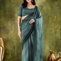 Teal Green Embroidered Designer Saree with Matching Blouse