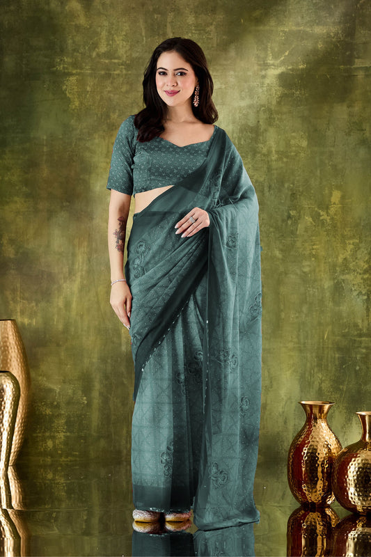 Teal Green Embroidered Designer Saree with Matching Blouse